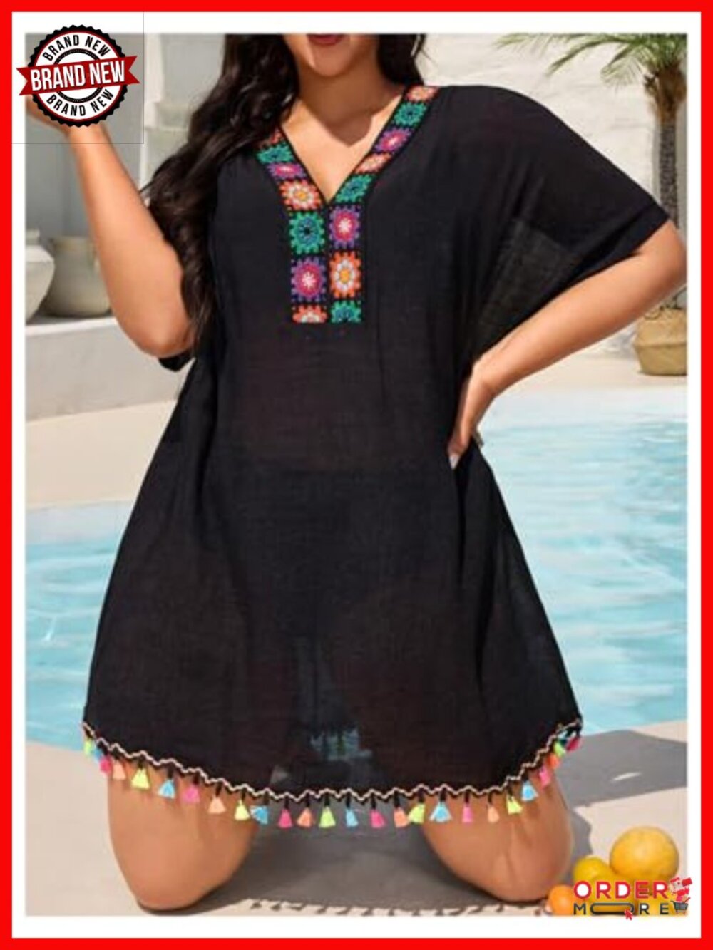 Plus Size Bohemian Geo Fringe Tunic Swimsuit Coverup - Picture 4 of 4